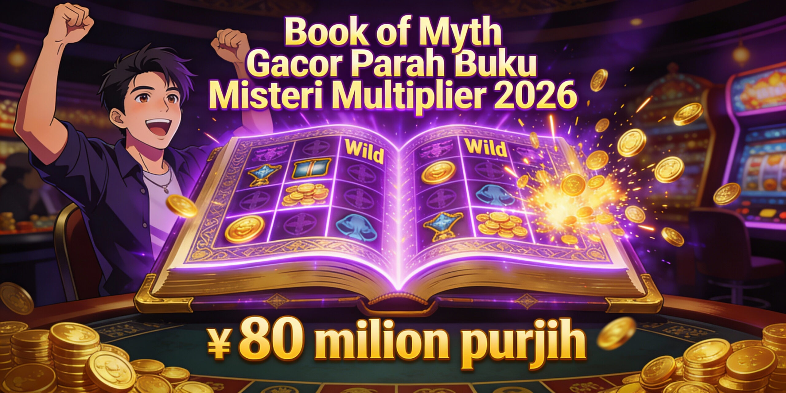 Ilustrasi anime buku misteri Book of Myth dengan expanding wild multiplier glowing dan player senang WD besar 80 juta gacor parah di slot online 2026.